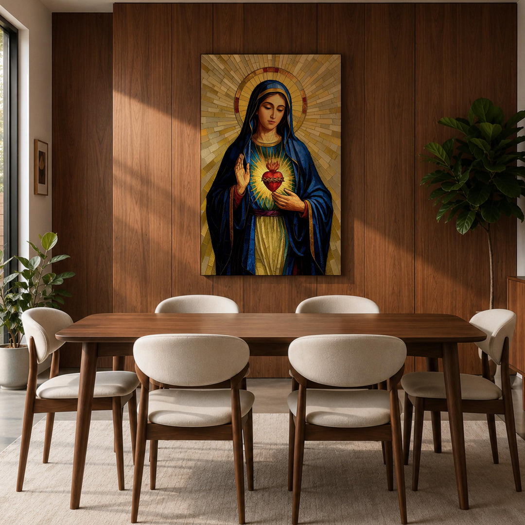 framed mary with heart motif in mosaic design