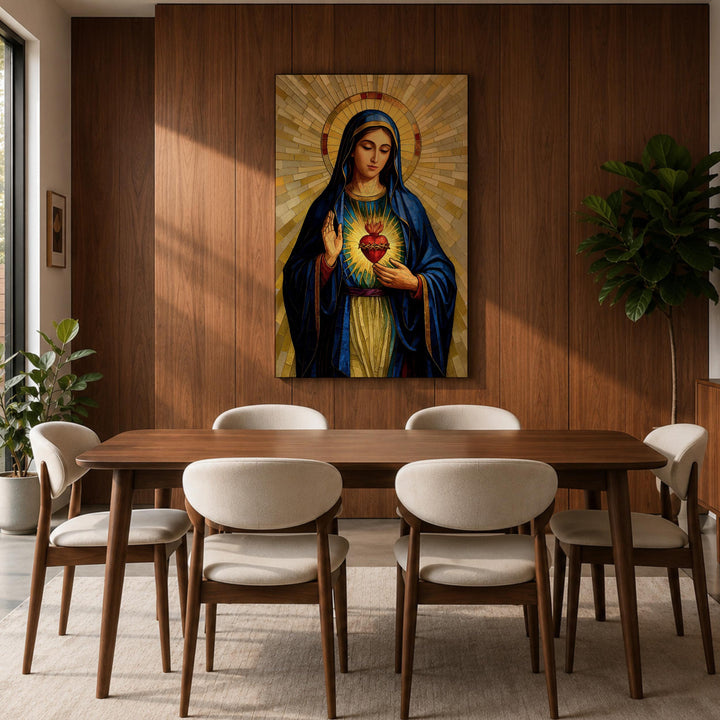 framed mary with heart motif in mosaic design