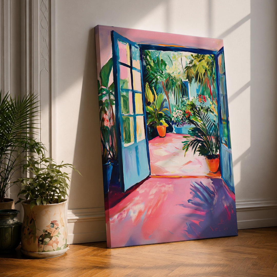 Framed tropical courtyard wall art with lush botanicals for living room decor