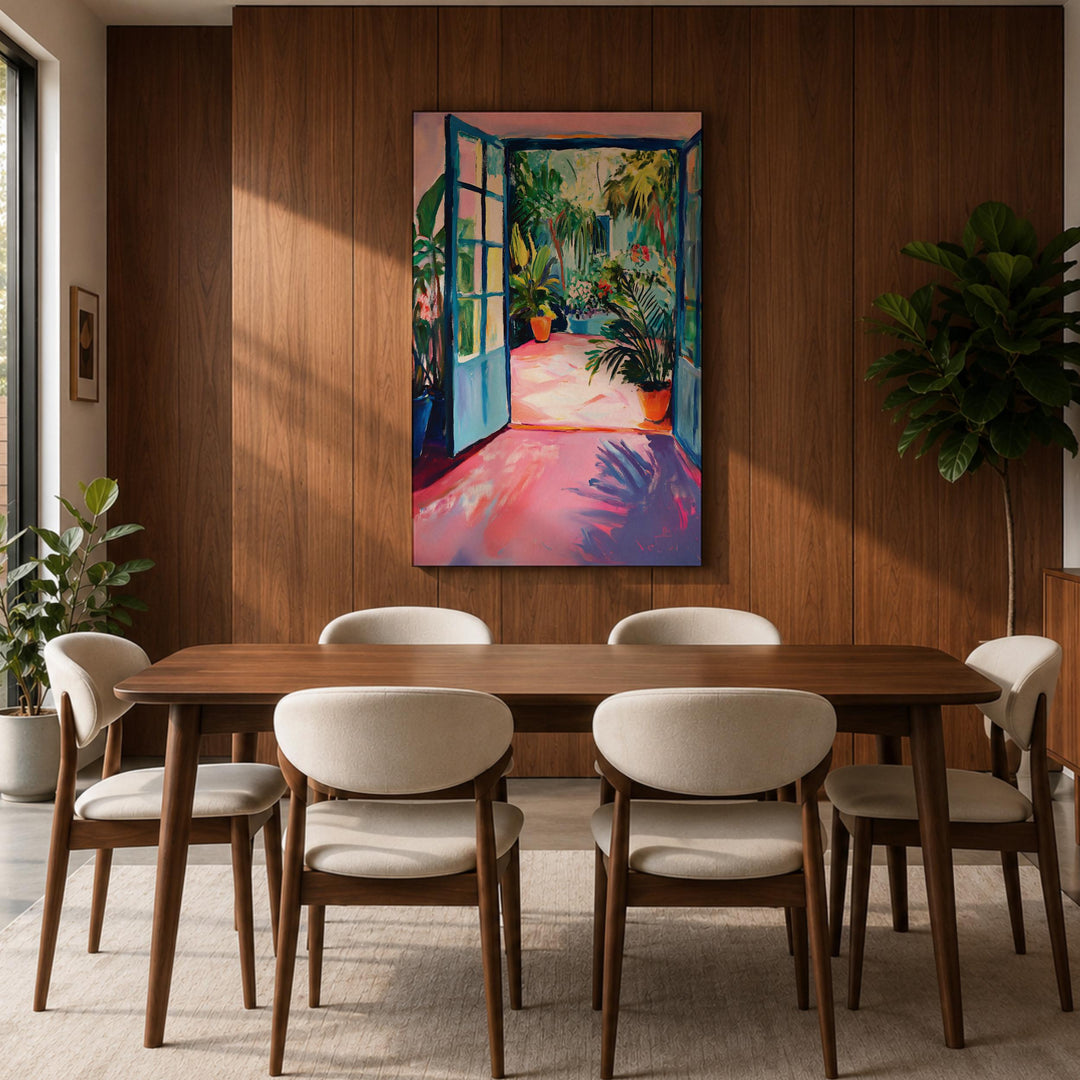 Framed canvas botanical art with tropical courtyard scene