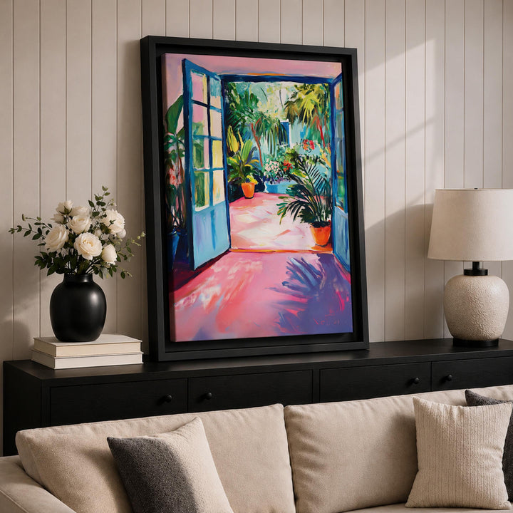 Gallery-ready framed canvas featuring lush tropical courtyards