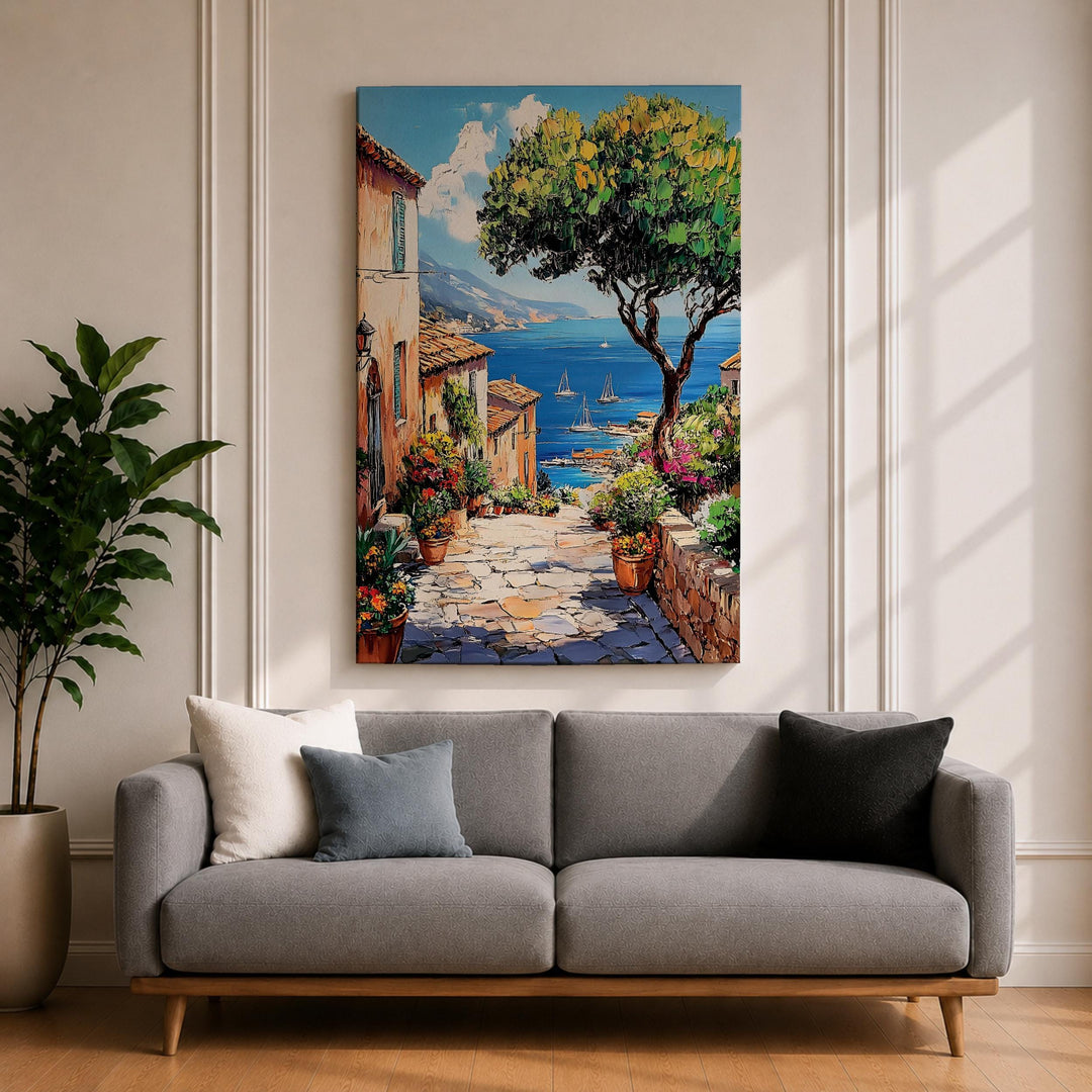 Mediterranean harbor scene on premium framed canvas for living room decor