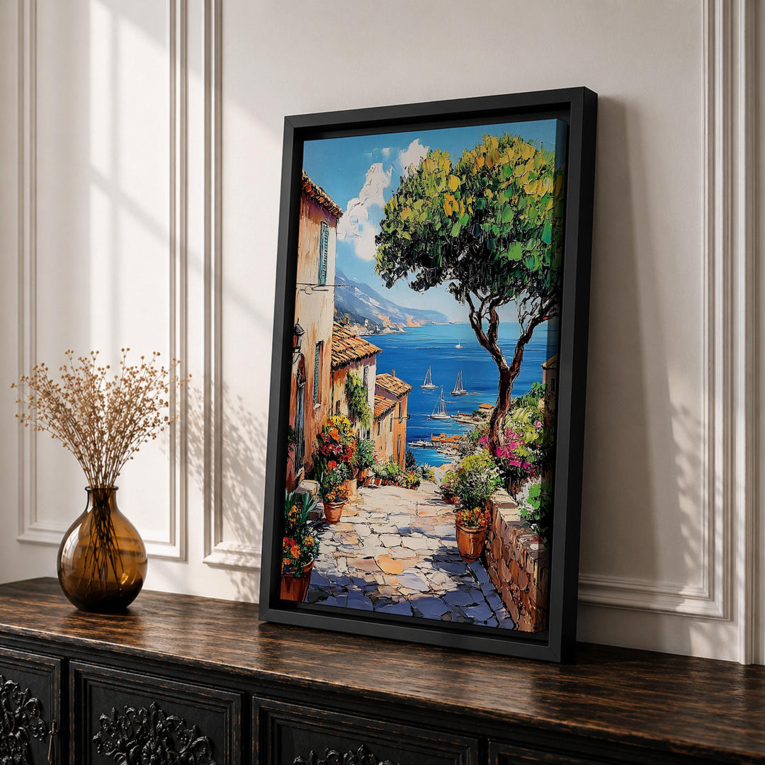 Amalfi Coast seascape framed canvas wall art with blue waters and boats