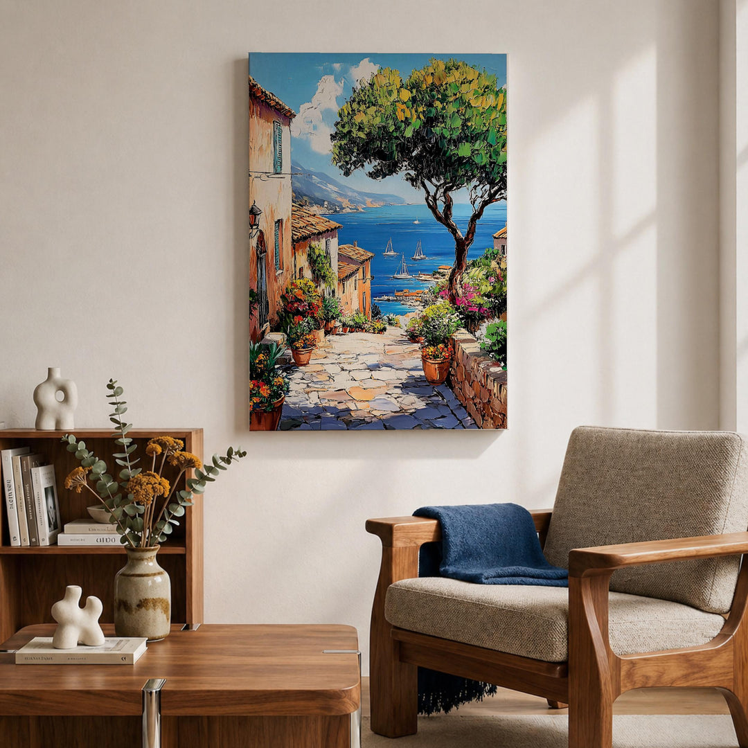 Elegant coastal village artwork on gallery-wrapped canvas for home office