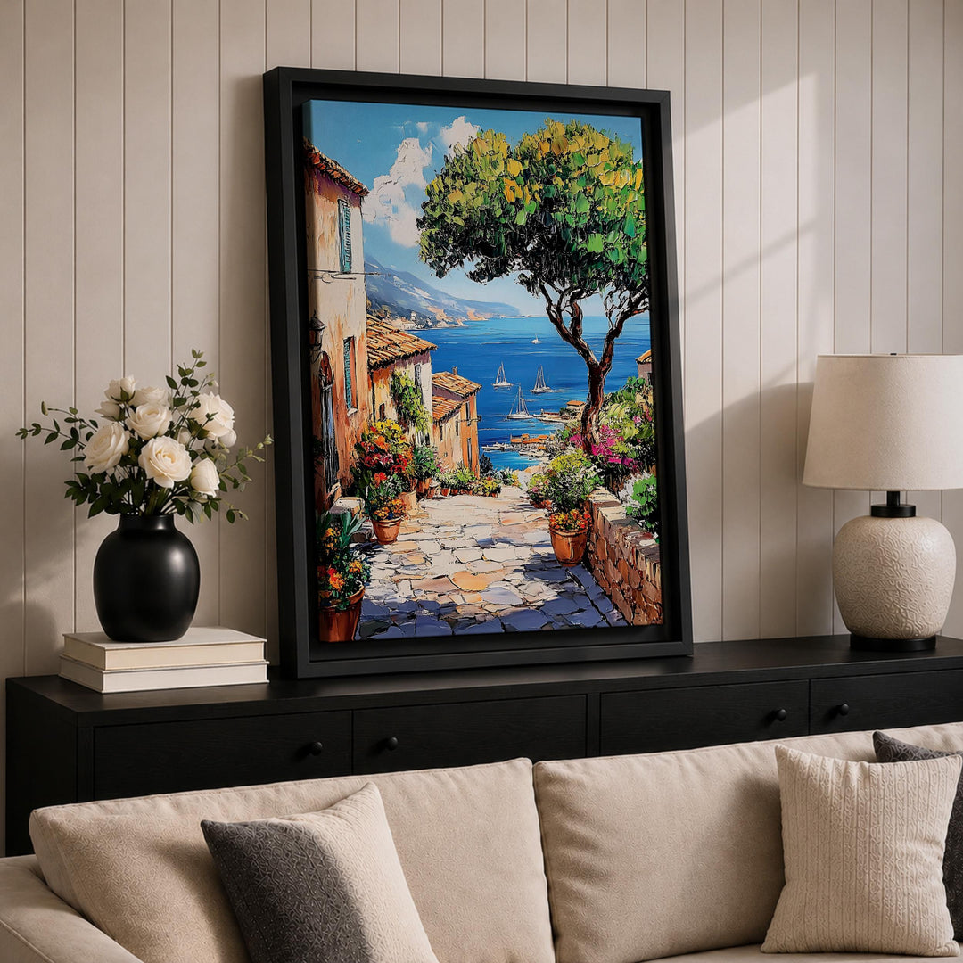 Sunlit Mediterranean harbor village on framed canvas wall decor