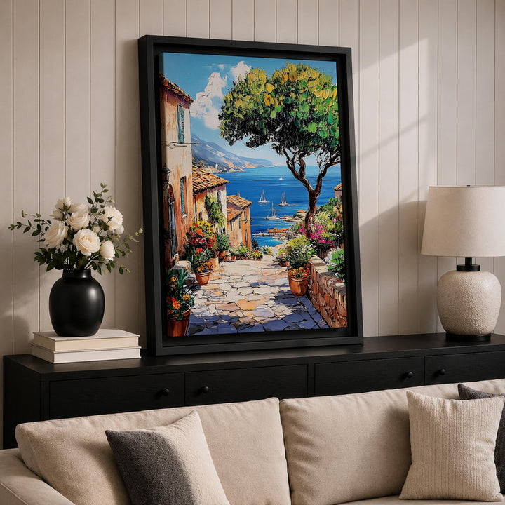 Sunlit Mediterranean harbor village on framed canvas wall decor