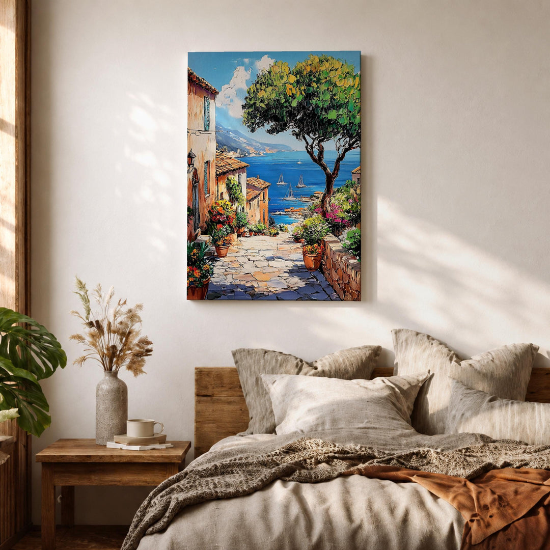 Hand-stretched canvas artwork of Amalfi coast harbor for interior