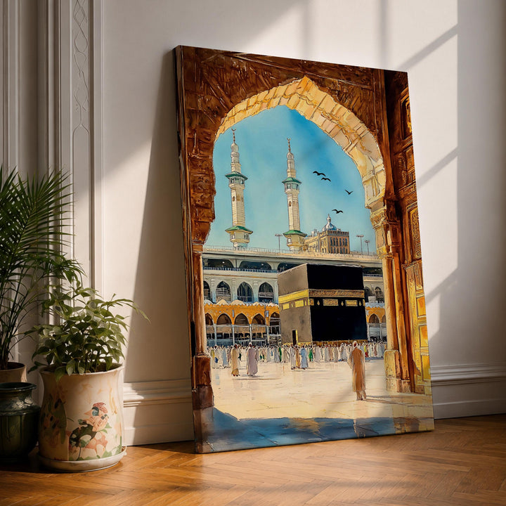 Kaaba arch view framed canvas wall art in watercolor style