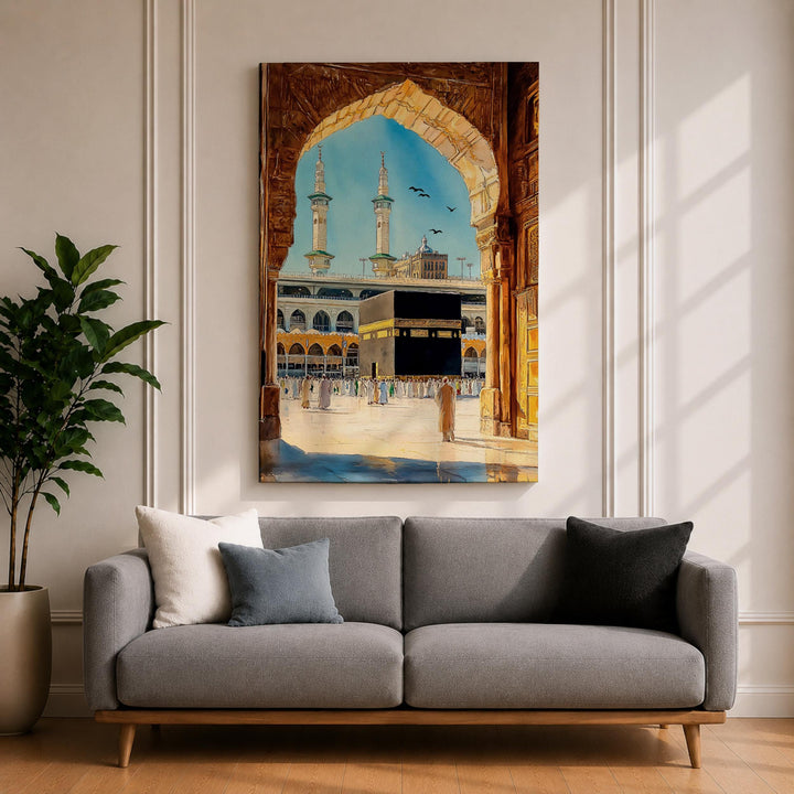 Close-up Kaaba arch watercolor print in a wooden frame