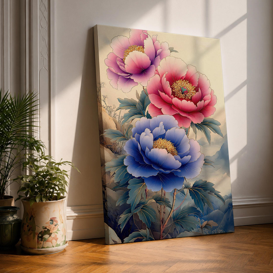 Framed peony wall art on canvas with soft watercolor pink blossoms