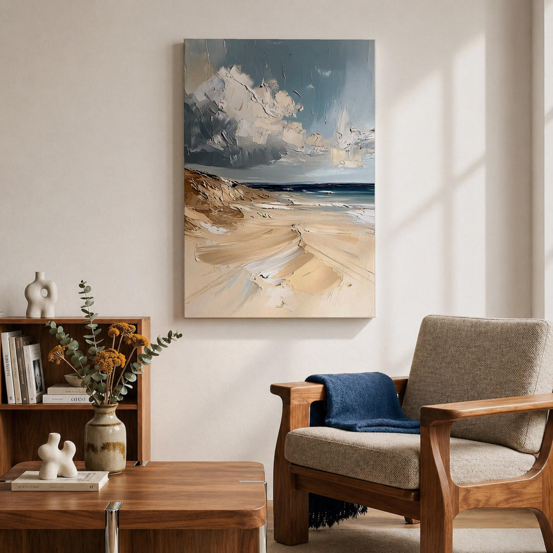 seaside wall decor with warm sand tones and blue sea