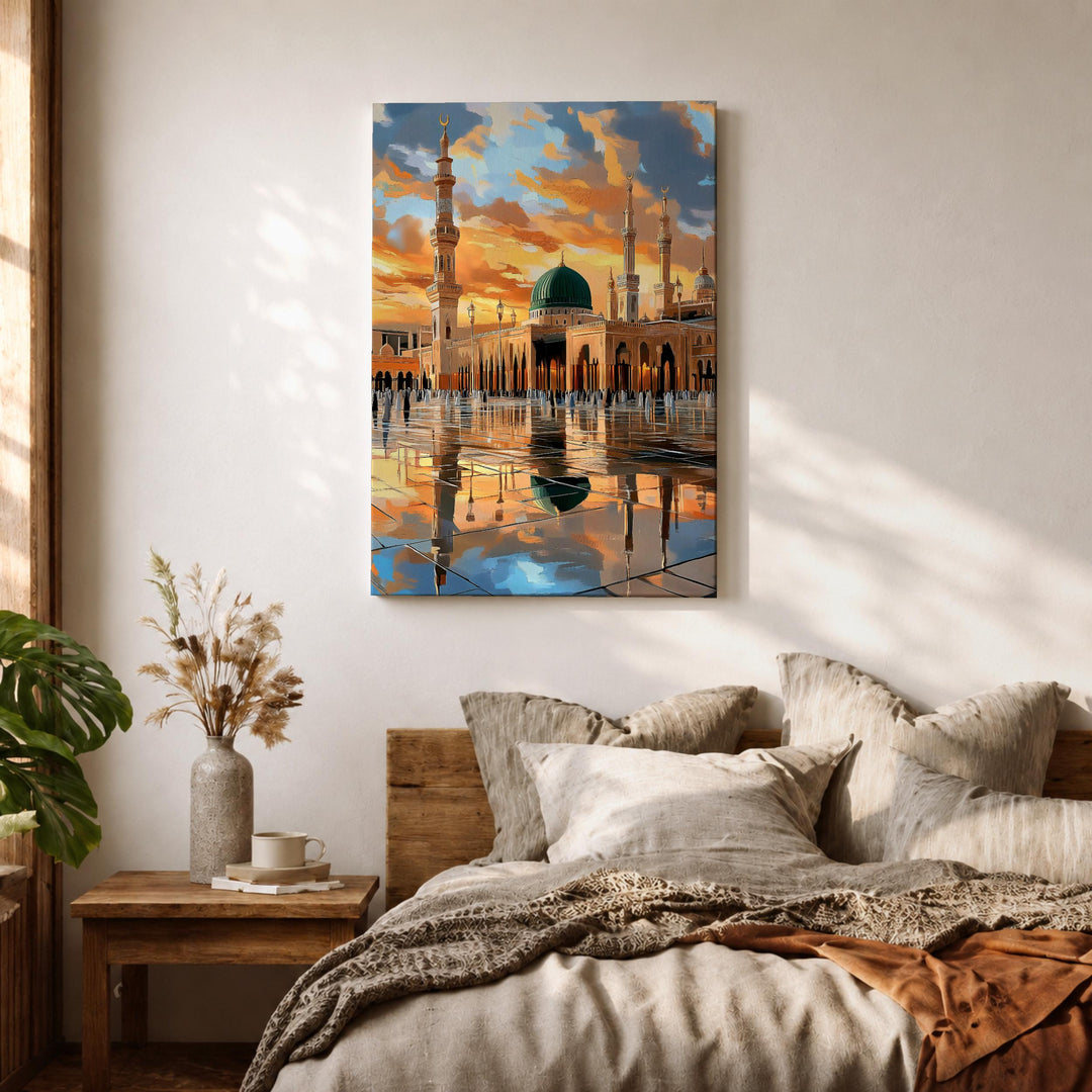 Contemporary Islamic wall art featuring Green Dome accent