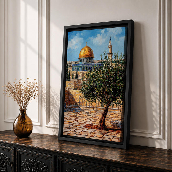 Abstract Islamic art canvas featuring dome motif and olive tree