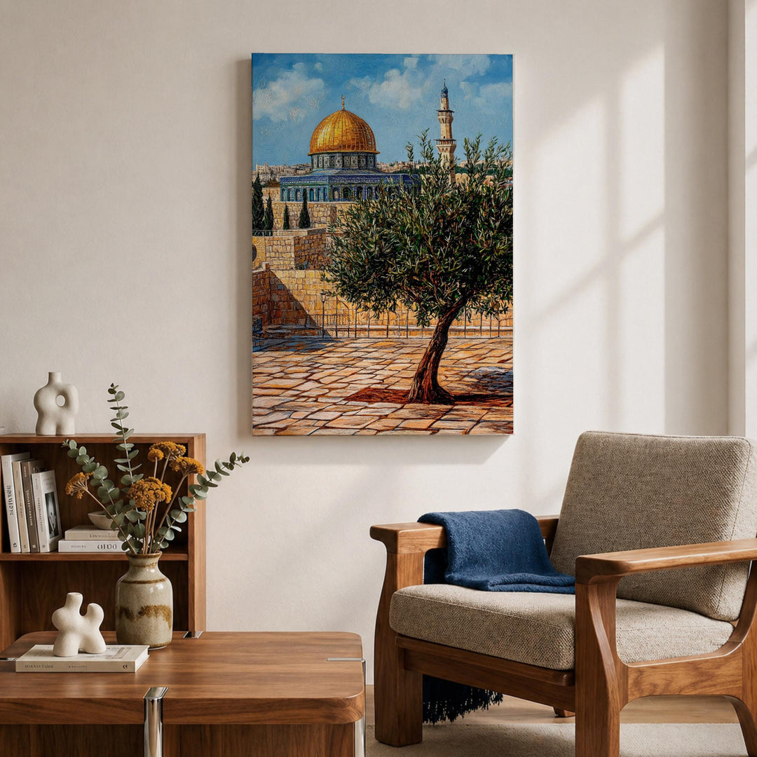 Gold dome detail on Masjid Al Aqsa olive tree framed canvas