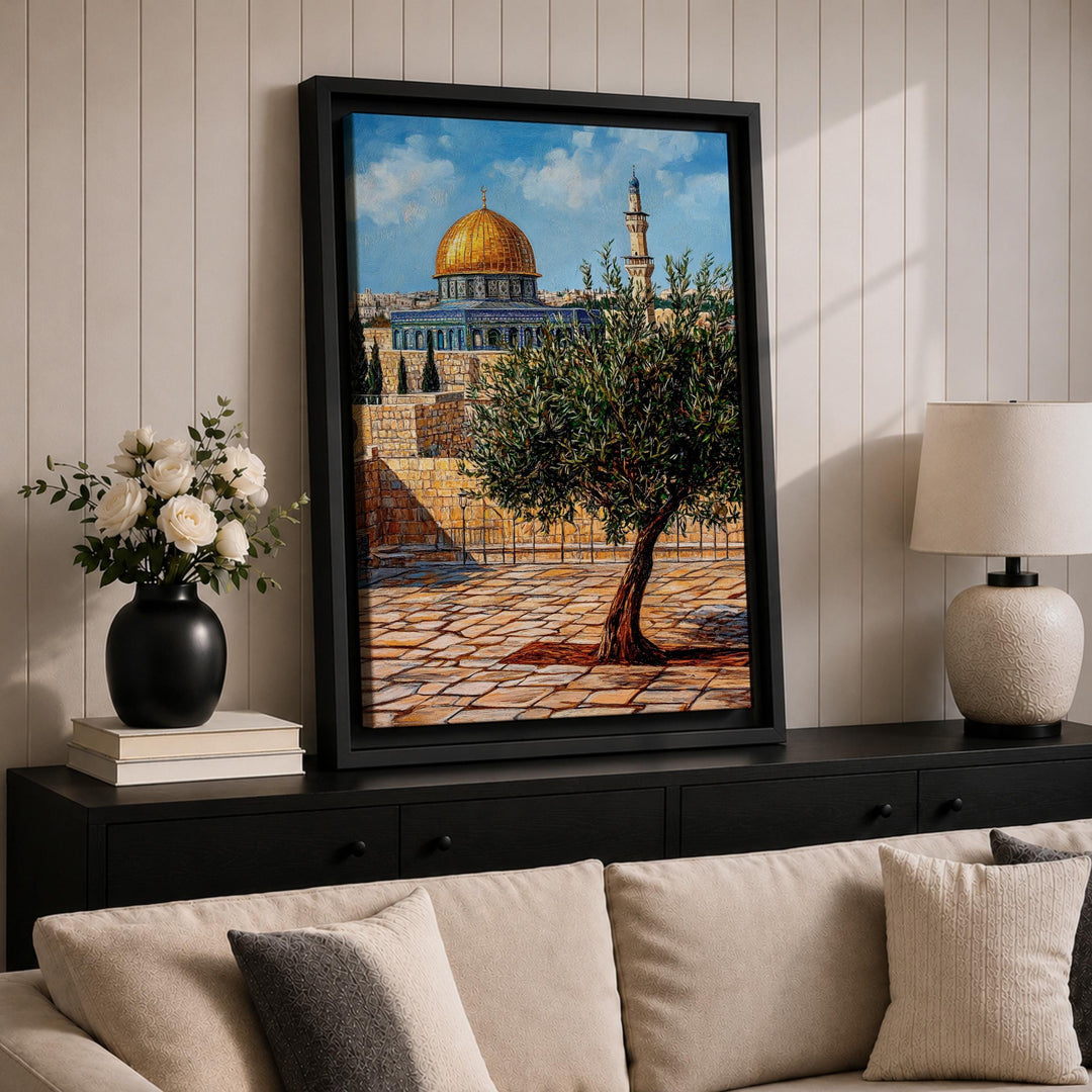 Living room setup featuring Masjid Al Aqsa abstract Islamic art