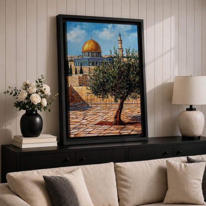 Living room setup featuring Masjid Al Aqsa abstract Islamic art