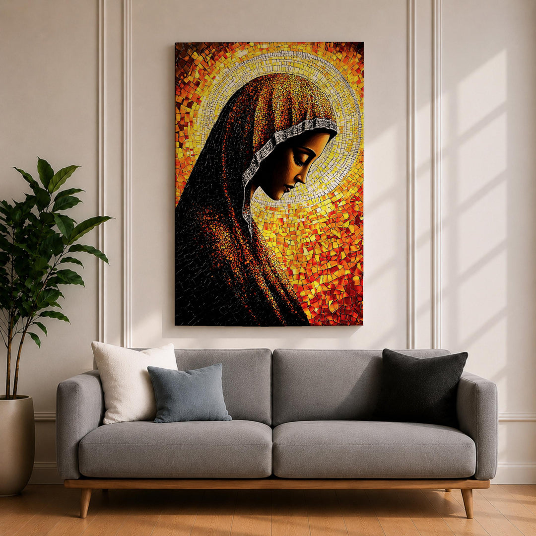 Front view of Virgin Mary mosaic framed canvas wall art