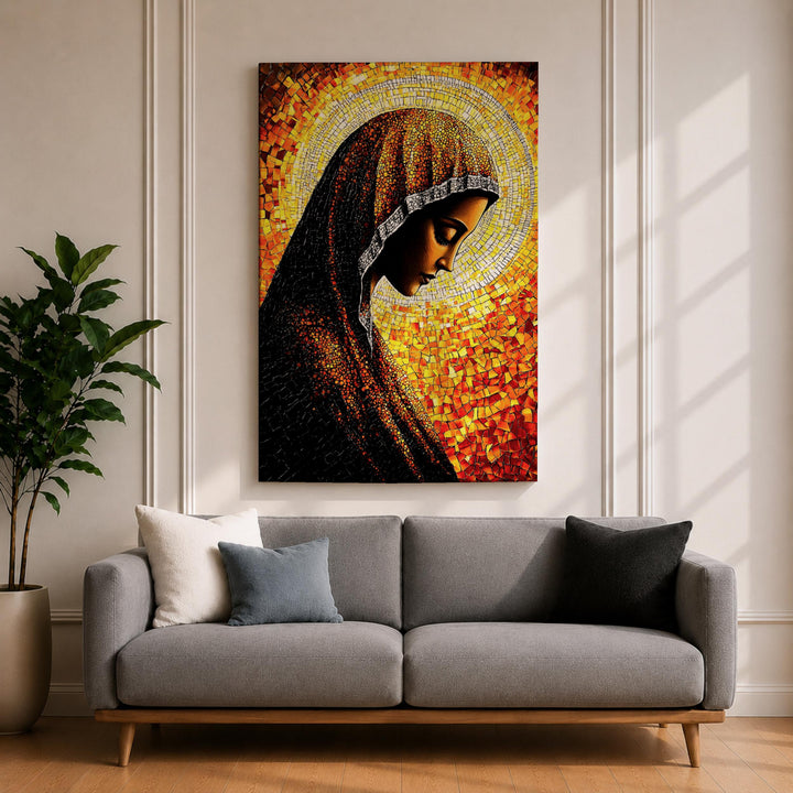 Front view of Virgin Mary mosaic framed canvas wall art