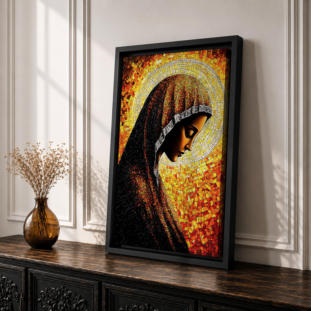 Side view of wooden frame with Virgin Mary artwork