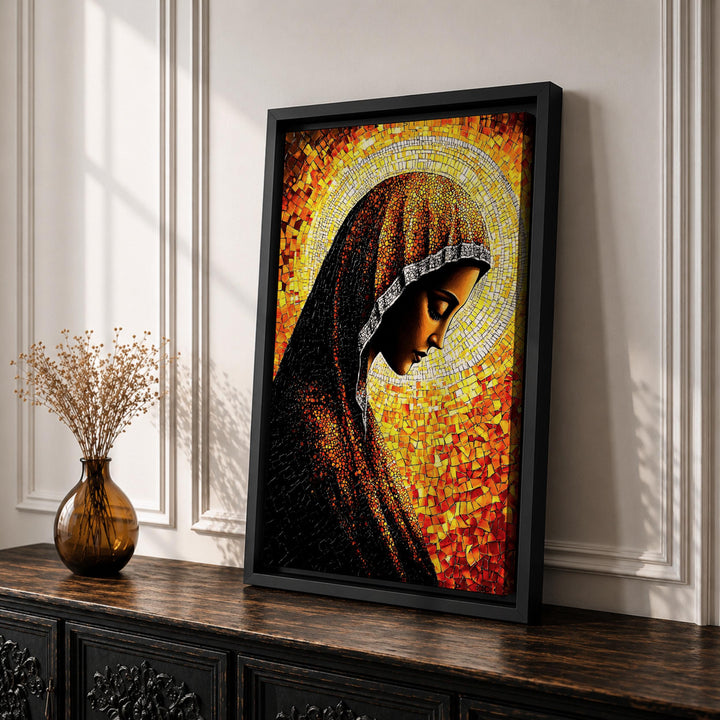 Side view of wooden frame with Virgin Mary artwork