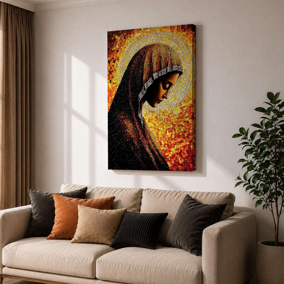 Wooden frame with classic finish on Virgin Mary canvas