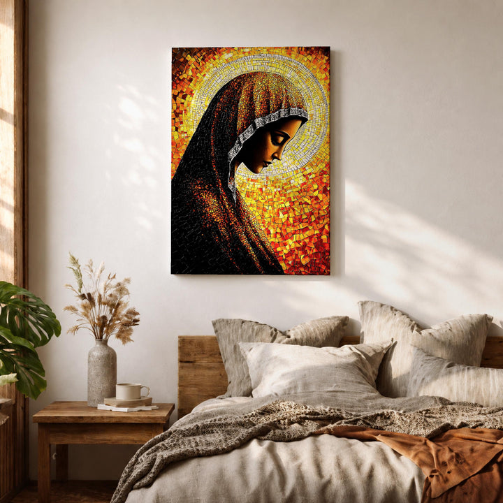 Ready-to-hang Virgin Mary framed wall art in serene setting