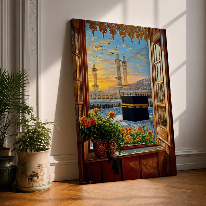 Kaaba window view framed canvas wall art