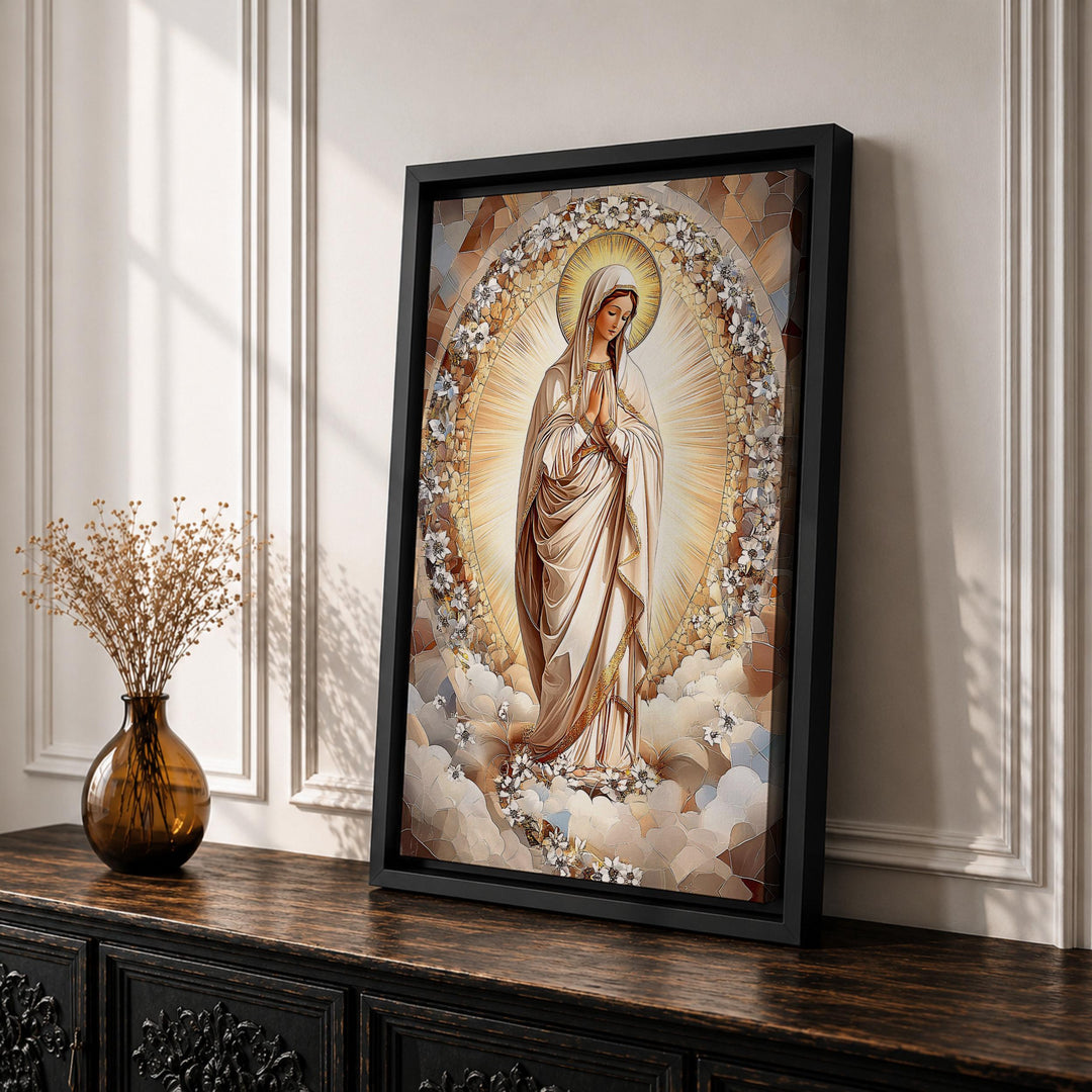 Catholic Blessed Mother mosaic-inspired wall art in a framed canvas