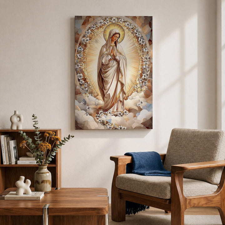 Decorative Virgin Mary portrait with floral halo in frame