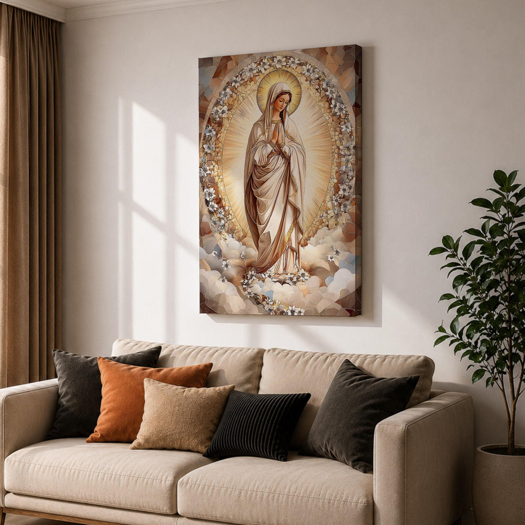 Close-up of sacred Mary artwork in a frame with floral halo