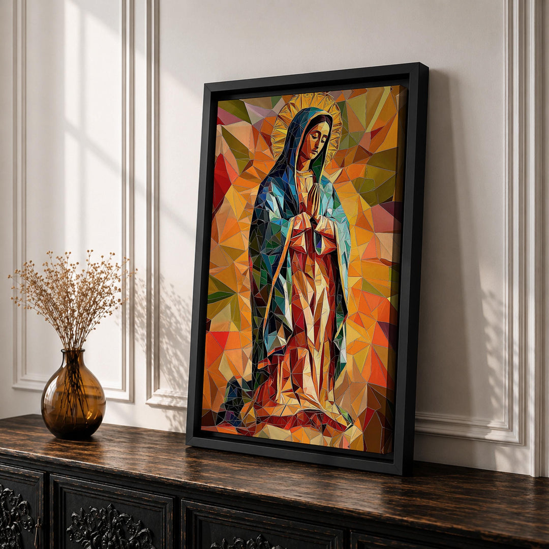 Softly lit Our Lady of Guadalupe Catholic wall art for prayer spaces