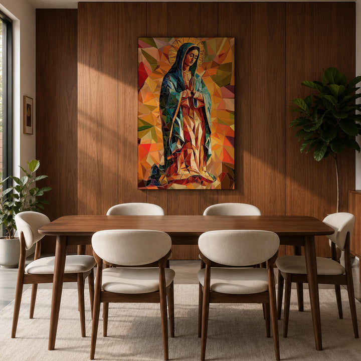 Home chapel setup with Our Lady of Guadalupe canvas print