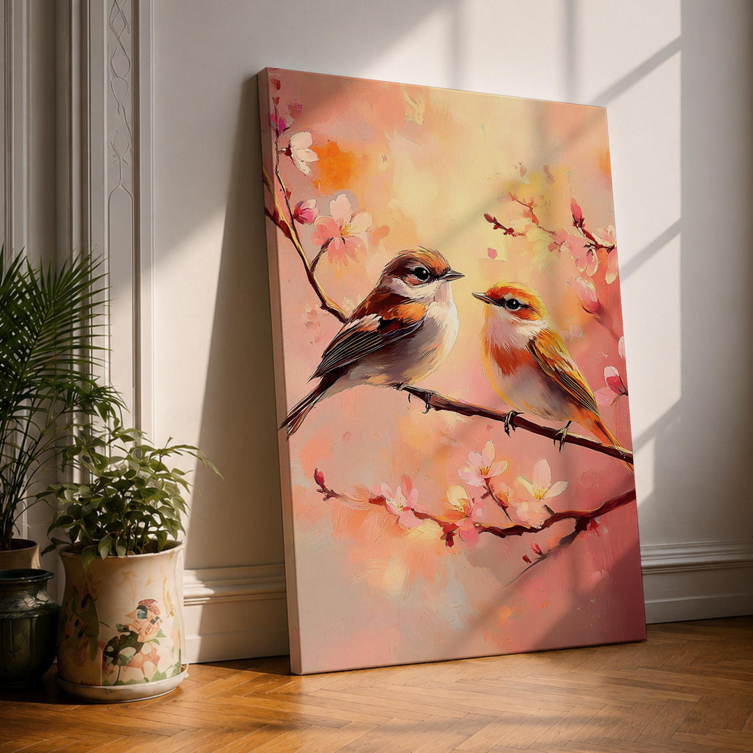 Bird couple perched among cherry blossoms in a nature wall art scene