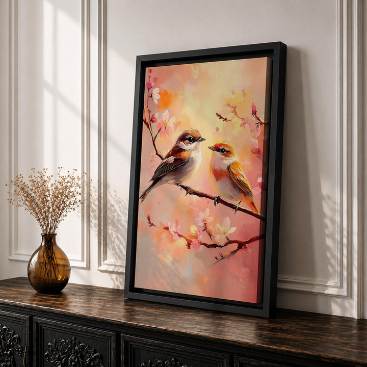 A pair of love birds among blossoms for bedroom decor