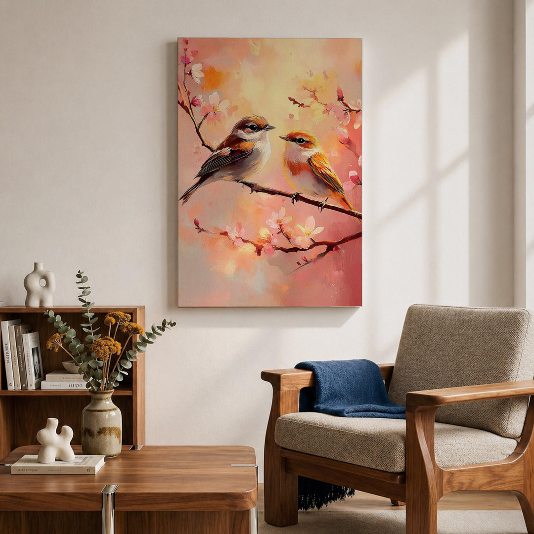 Elegant floral backdrop with two birds resting on a branch