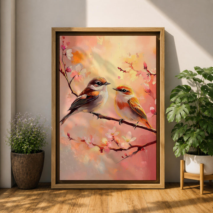 Charming two-bird composition with blossoms and soft light