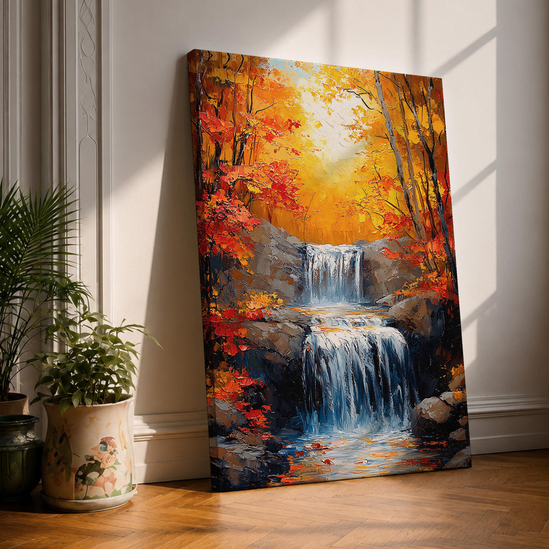 Autumn waterfall forest framed canvas artwork in warm tones