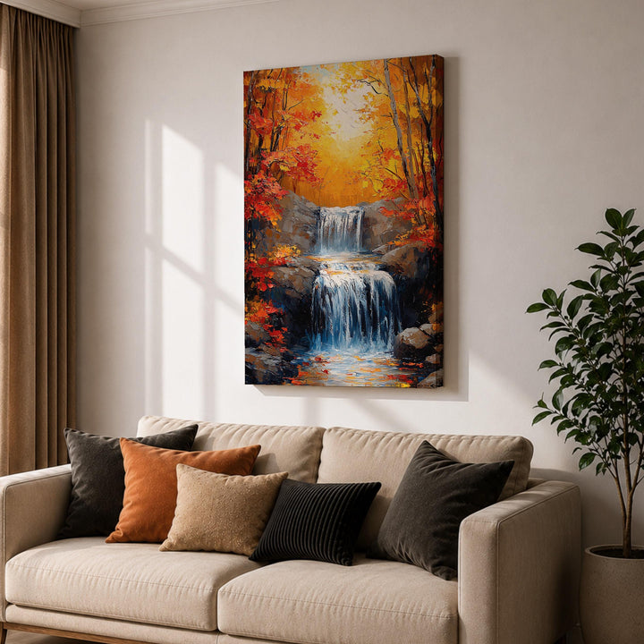 Textured canvas art showing waterfall and autumn trees