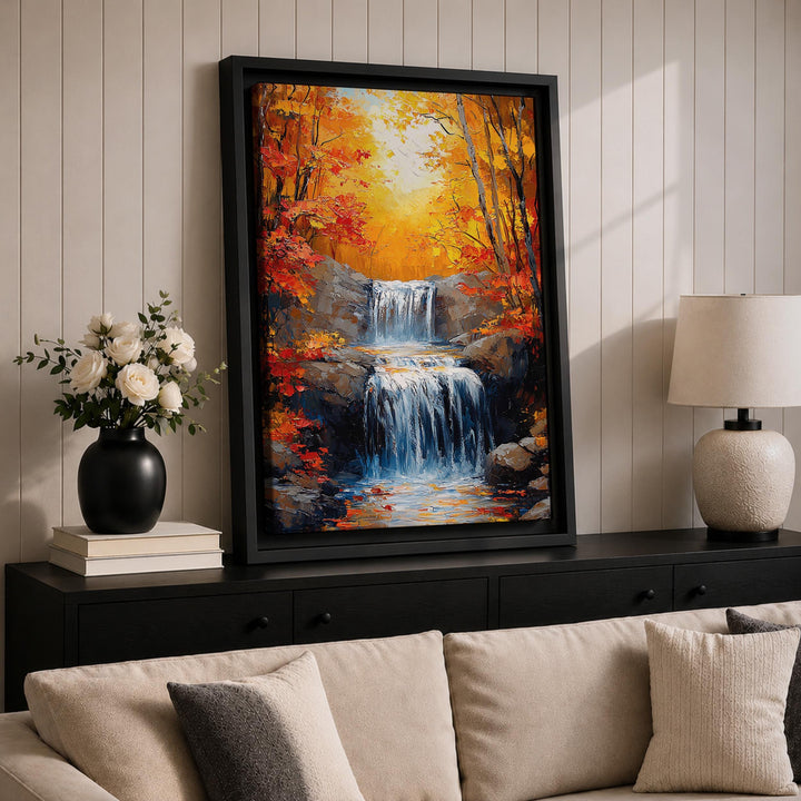 Rustic home decor: fall forest landscape on framed canvas