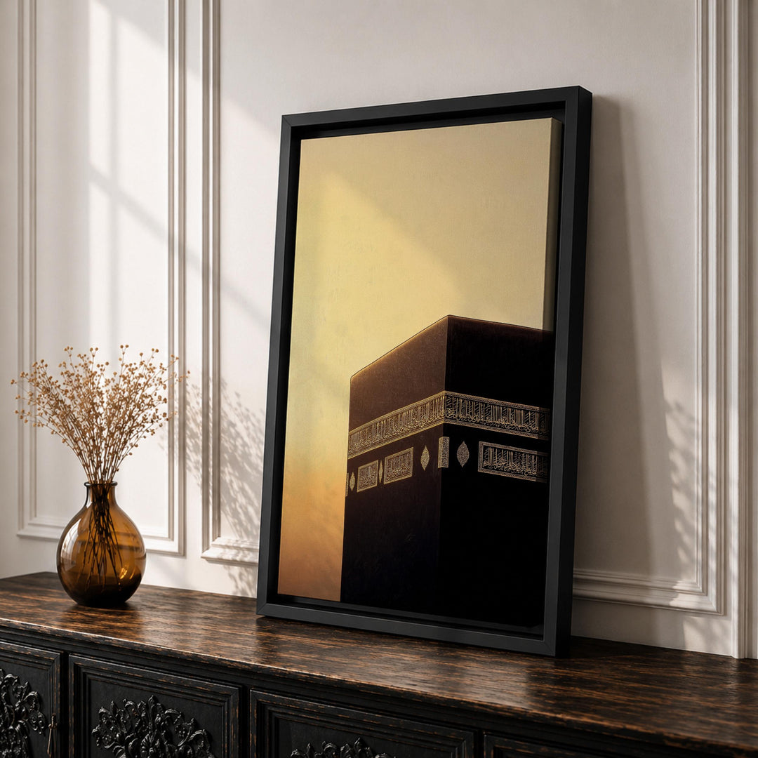 Framed Kaaba sunset art on neutral wall background