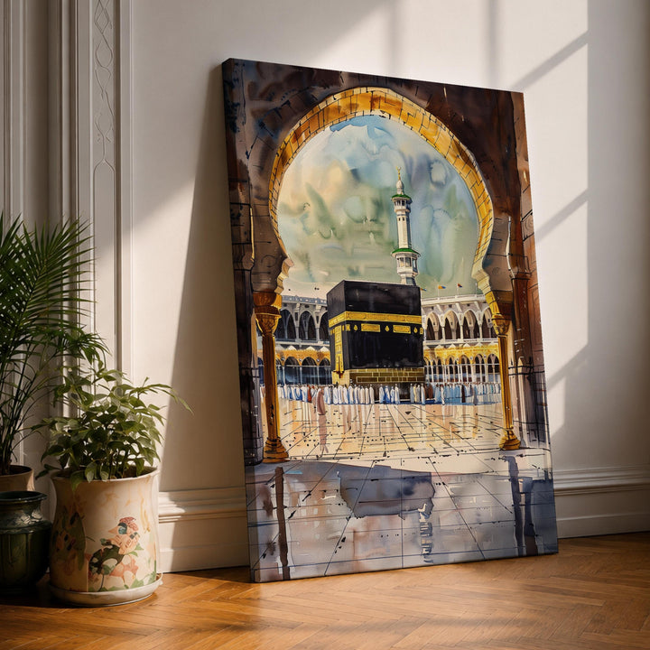 Kaaba archway watercolor wall art in a framed canvas