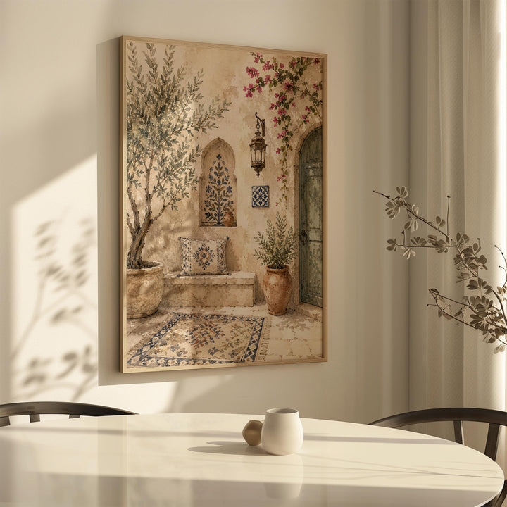 Neutral Islamic wall art print featuring olive branches and courtyard motif