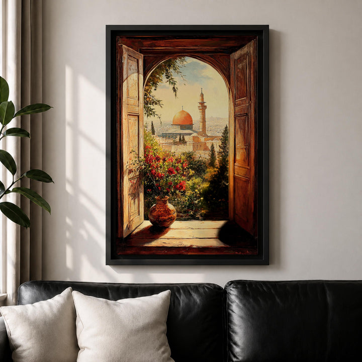 Framed canvas wall art of Masjid Al-Aqsa with Jerusalem window view, warm wooden frame