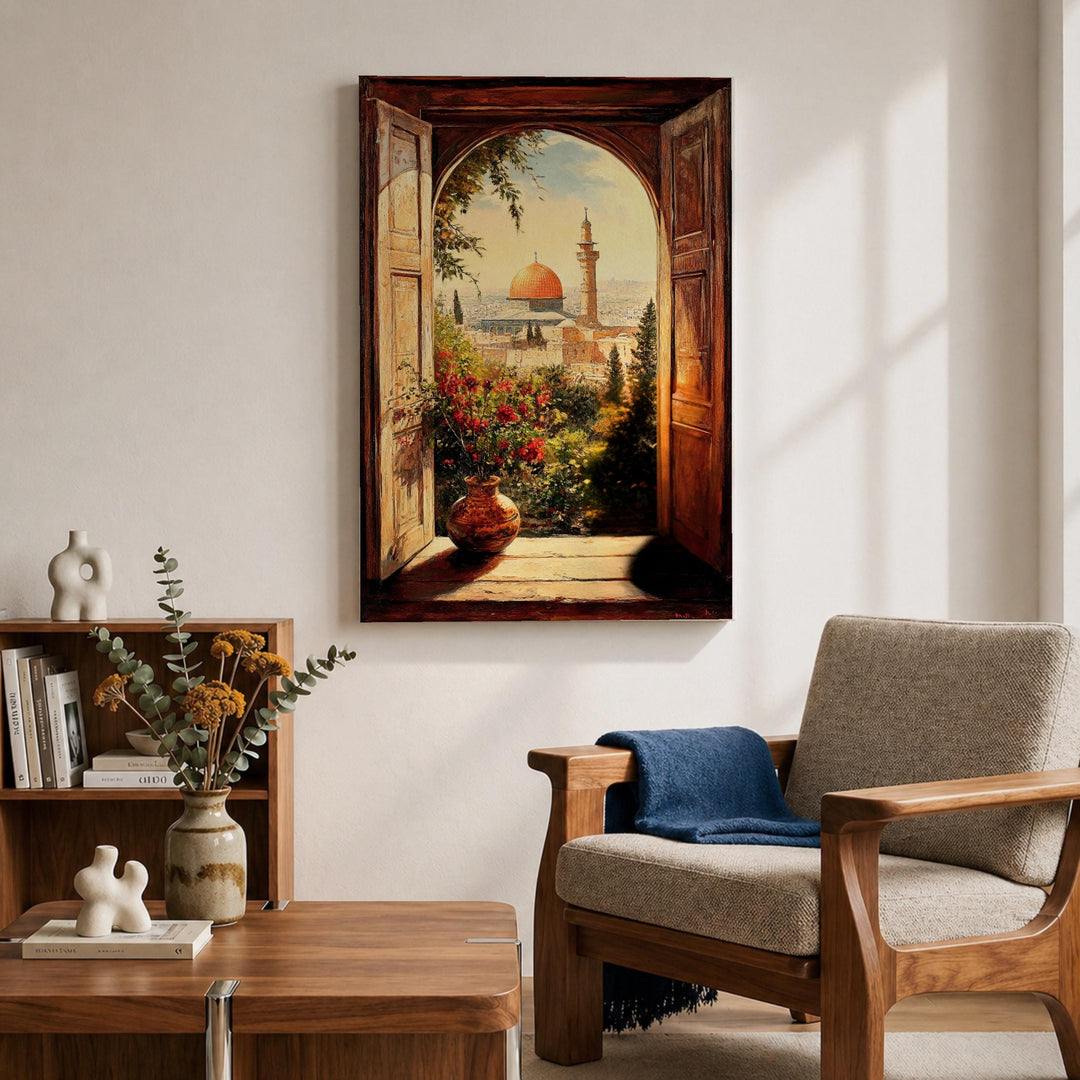 Full-framed Boho Islamic wall art featuring mosque arches and window scene