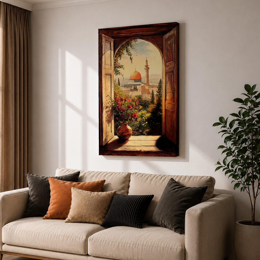 Close-up on the wooden frame molding surrounding Masjid Al-Aqsa window view canvas