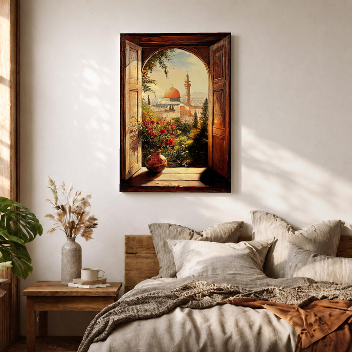 Isometric view of Masjid Al-Aqsa framed canvas over a console table