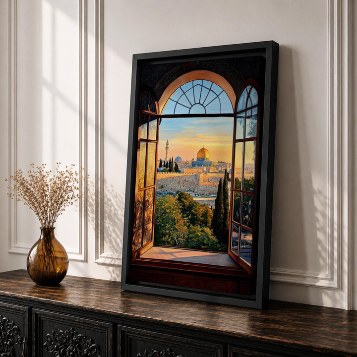 Soft-toned window view wall art in wood frame