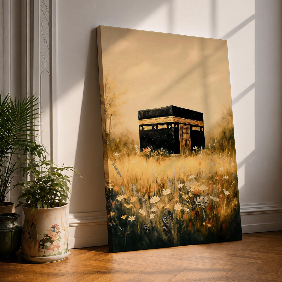 Kaaba-inspired framed canvas wall art in Mecca Meadow scene