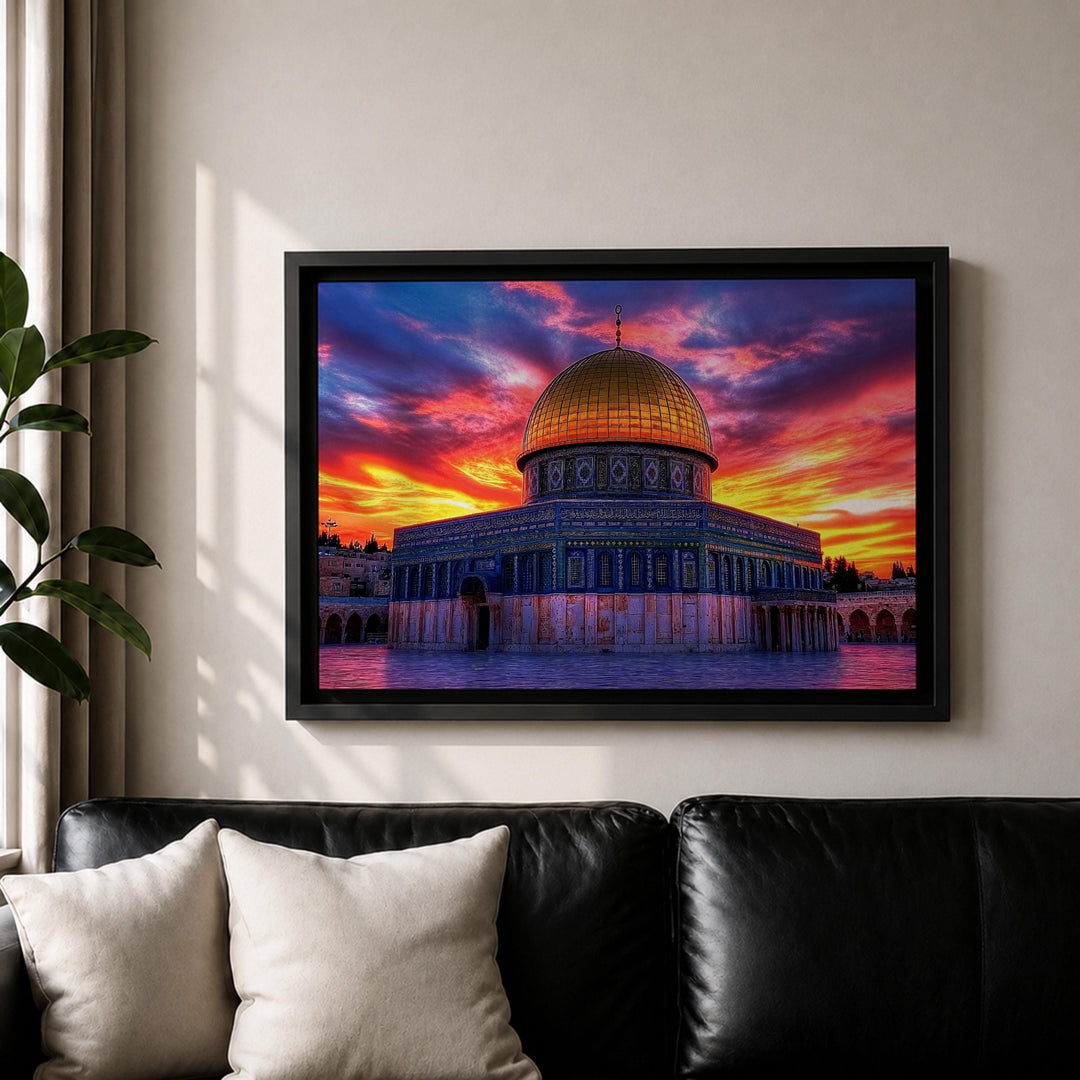 Living room wall art featuring Dome of the Rock at sunset in frame
