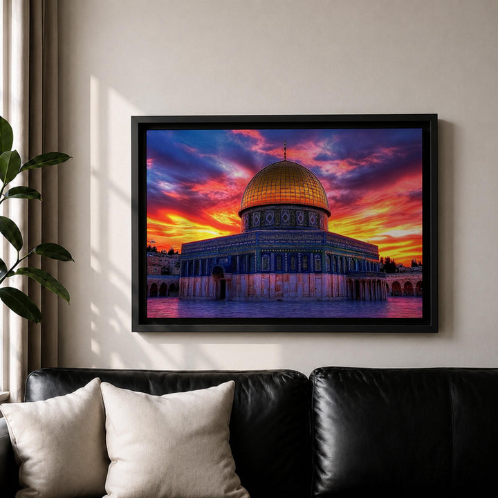Living room wall art featuring Dome of the Rock at sunset in frame